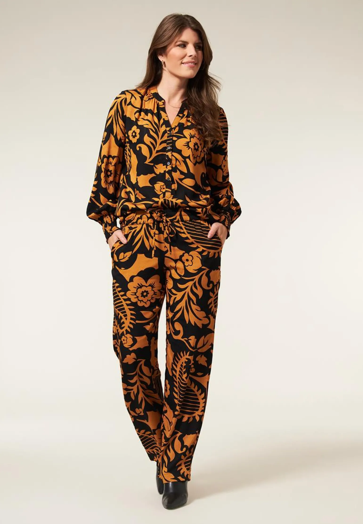 Online Miss Etam Broek jacquard wide leg print oranje Multi dark camel