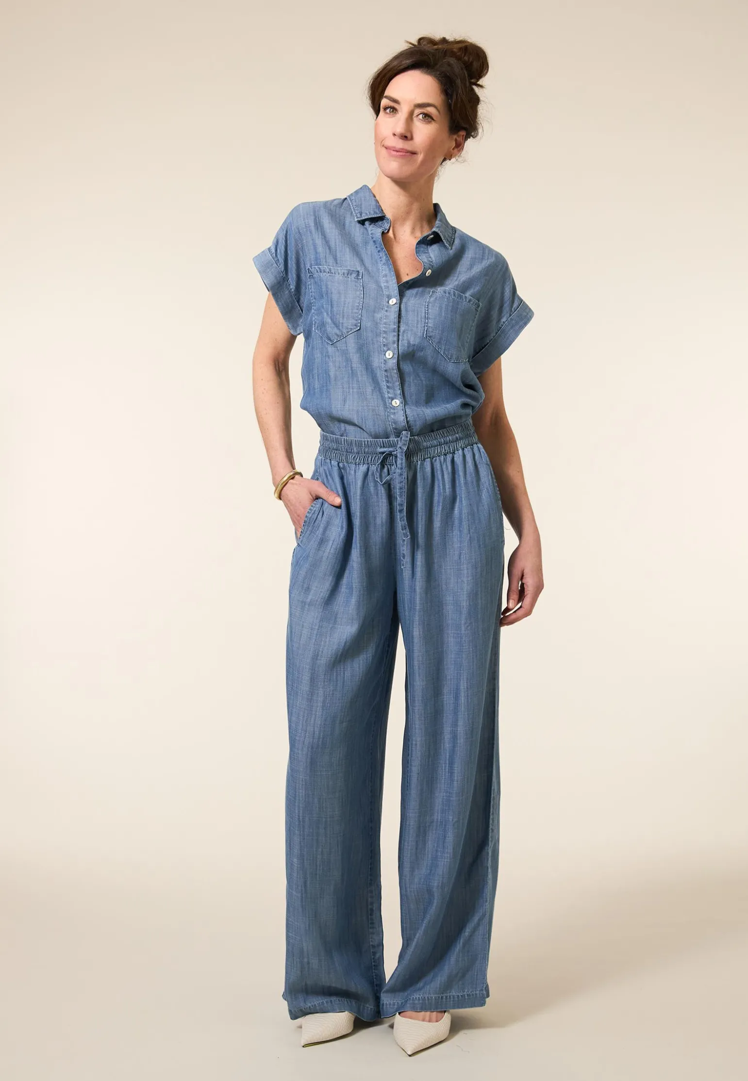 Best Miss Etam Broek wide leg tencel blauw 32" Medium denim